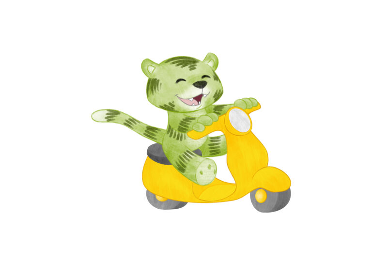 Kleiner grüner Tiger auf Moped